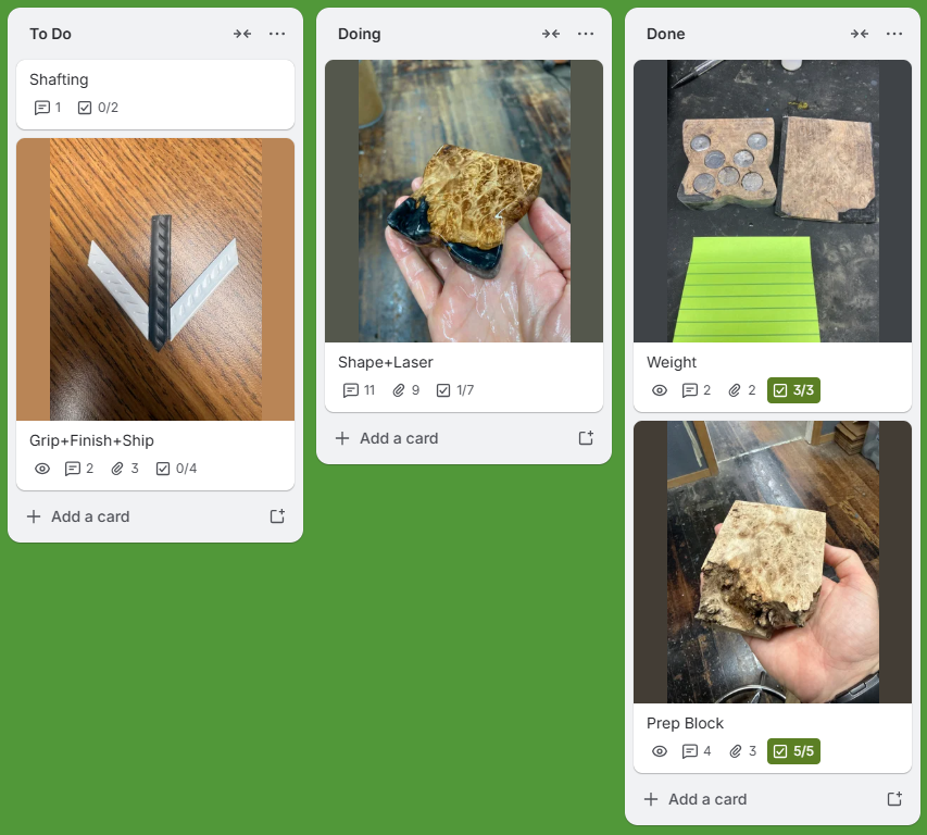 Real Bradley Putters Trello build board showing putter manufacturing progress with photos at every stage